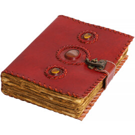 Kožený zápisník se třemi kameny a pergamenovým papírem